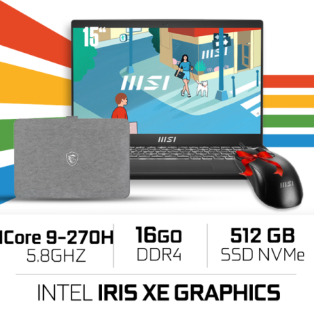 MSI MODERN 15 H C2RMG-298MA- Intel Core 9-270H/16GB DDR4/512GB SSD/ IRIS XE /15.6" FHD IPS/Win11+Sleeve +Souris