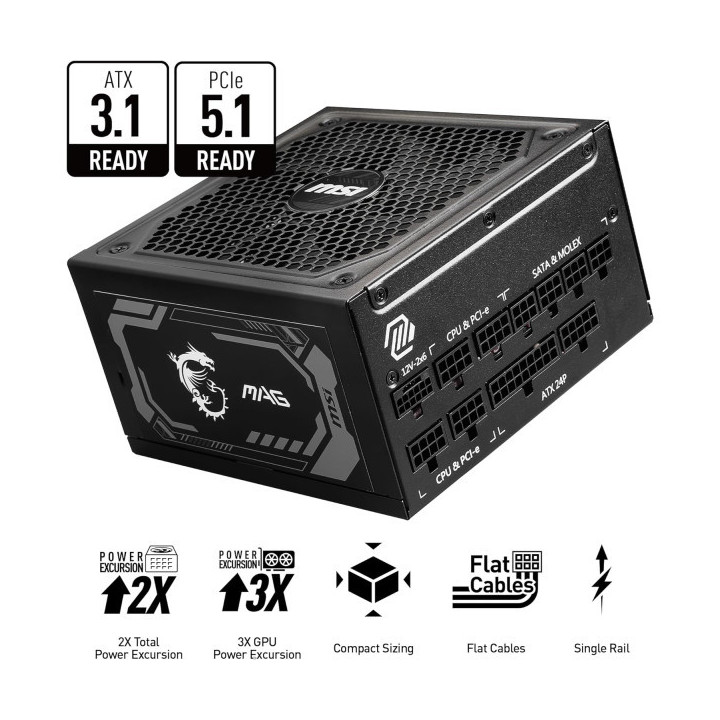 MSI MAG A1250GL PCIE5 80PLUS Gold 1250W Plus de 900 W MSI Maroc